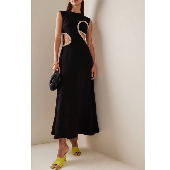 SIMKHAI Slim-fit Pearlescent-embellished Woven Midi Dress In Black Size 6 New - Picture 1 of 12